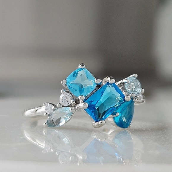 Blue Aquamarine Swarovski crystal ring, 925 Sterling Silver - Picture 3 of 7